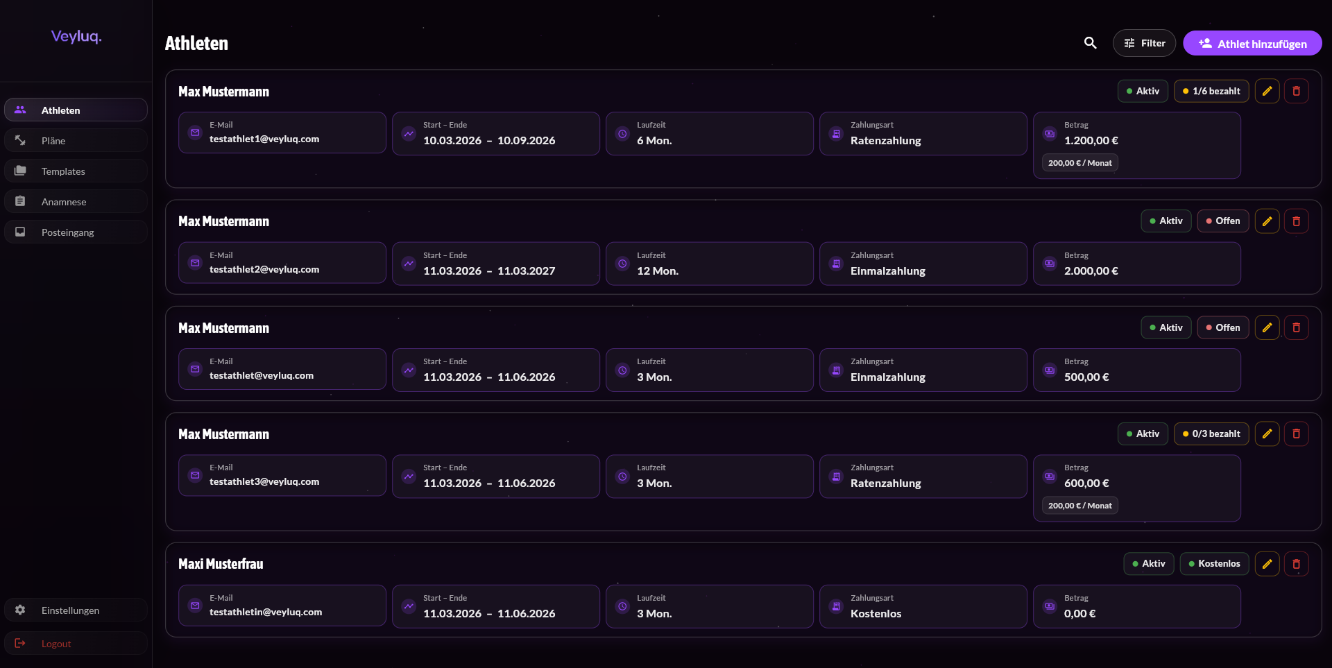Dashboard & Athletenübersicht